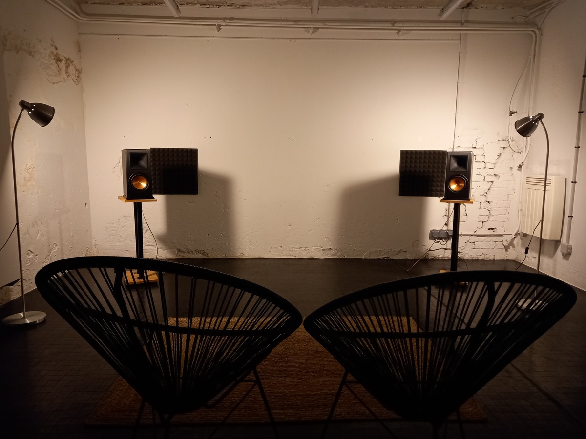 Listening room of exhibition, with loudspeakers